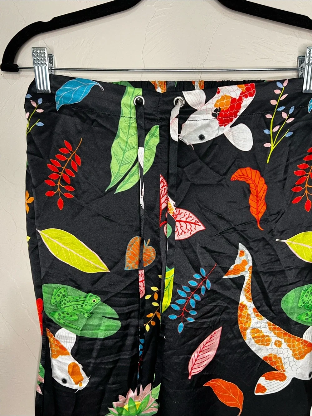Karen Mabon 100% Silk Black Botanical Koi Fish Bird Luxury 2 Piece Pajama Set